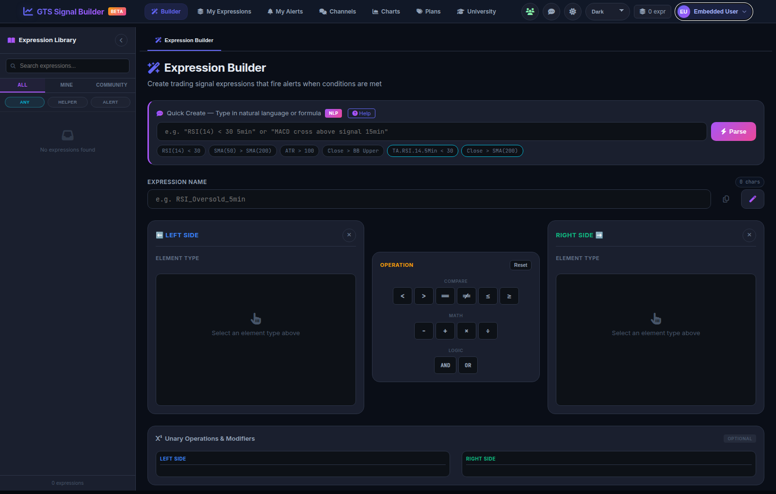 GTS Desk signal builder workspace with expression library, builder canvas, and element palette.