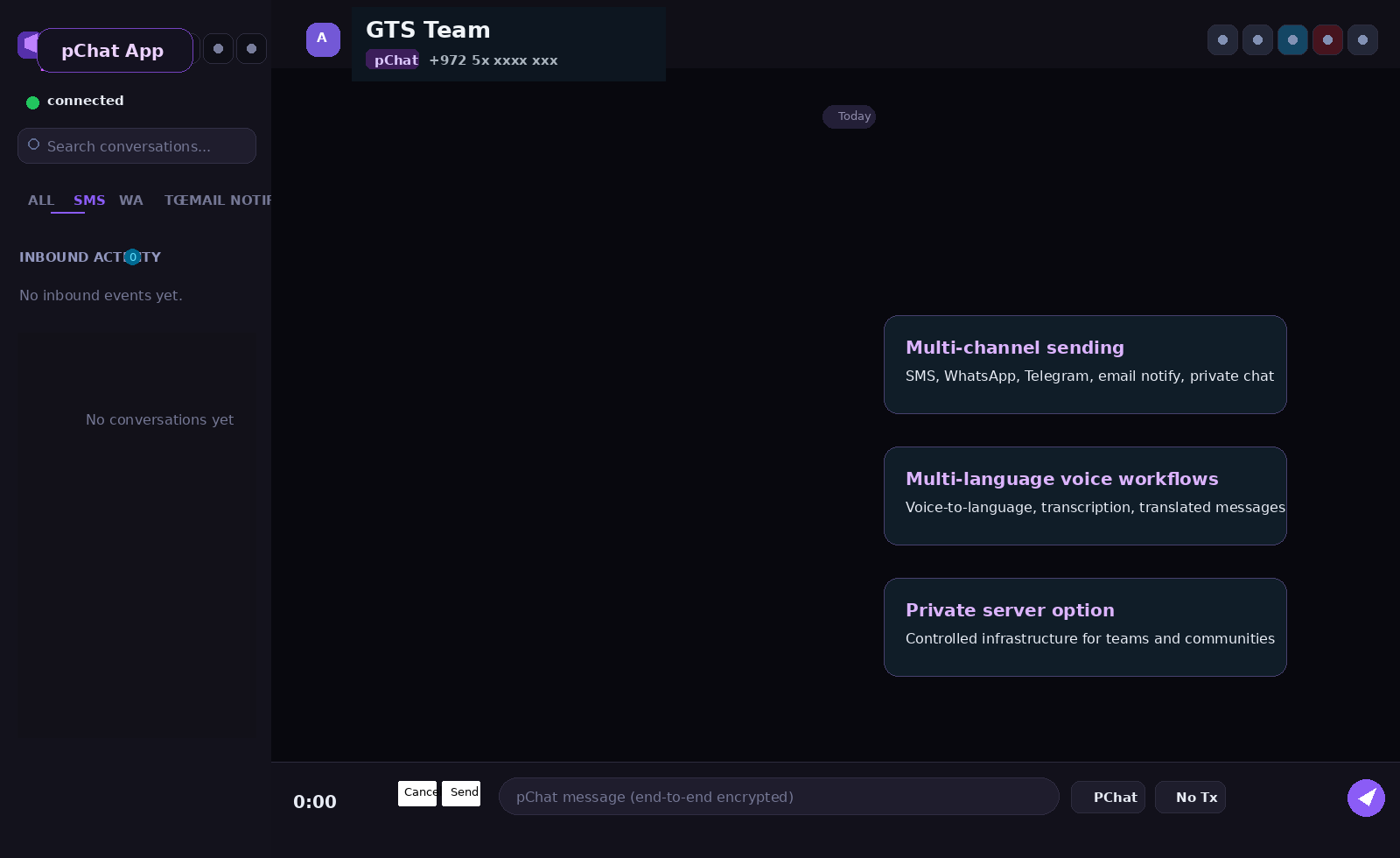 pChat app interface with SMS, WhatsApp, Telegram, email notify, private chat, multi-channel sending, voice language workflows, and private server option.