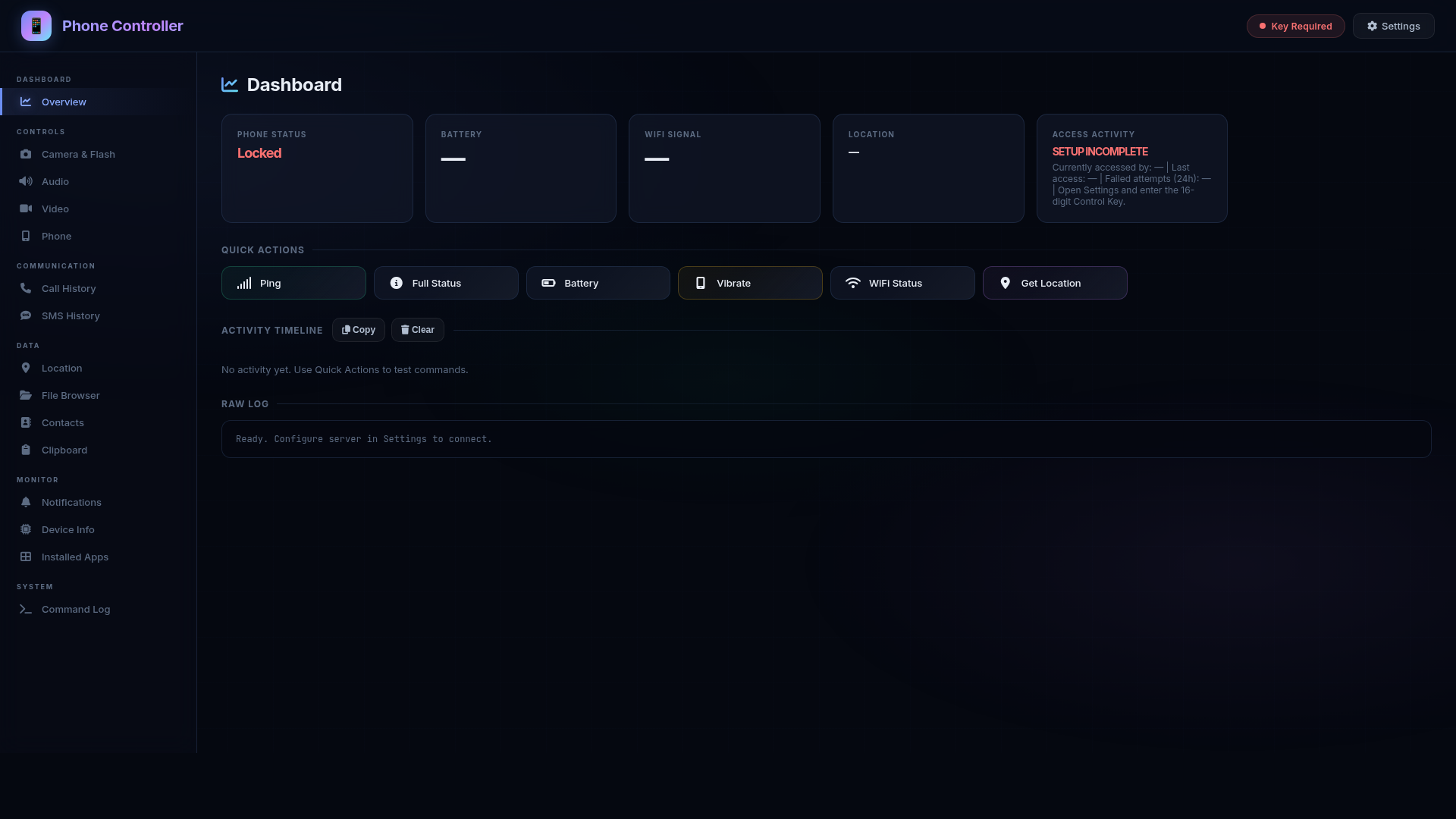 Phone Controller dashboard with live phone status, battery, WiFi signal, location, access activity, quick actions, activity timeline, and raw log.